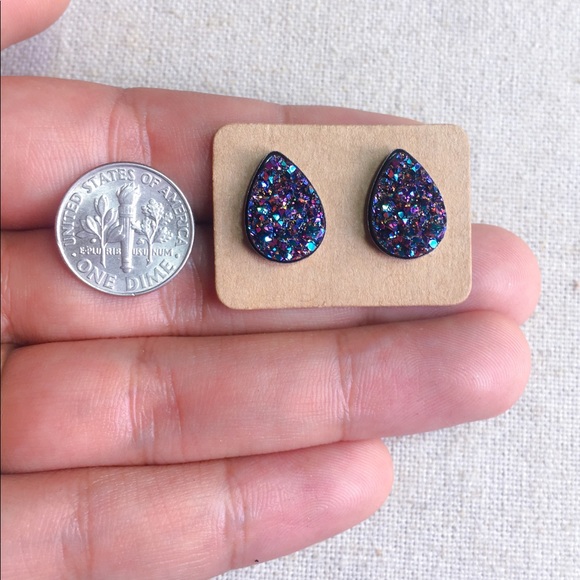 Mystic Purple Teardrop Druzy Studs Hypoallergenic - Picture 4 of 5
